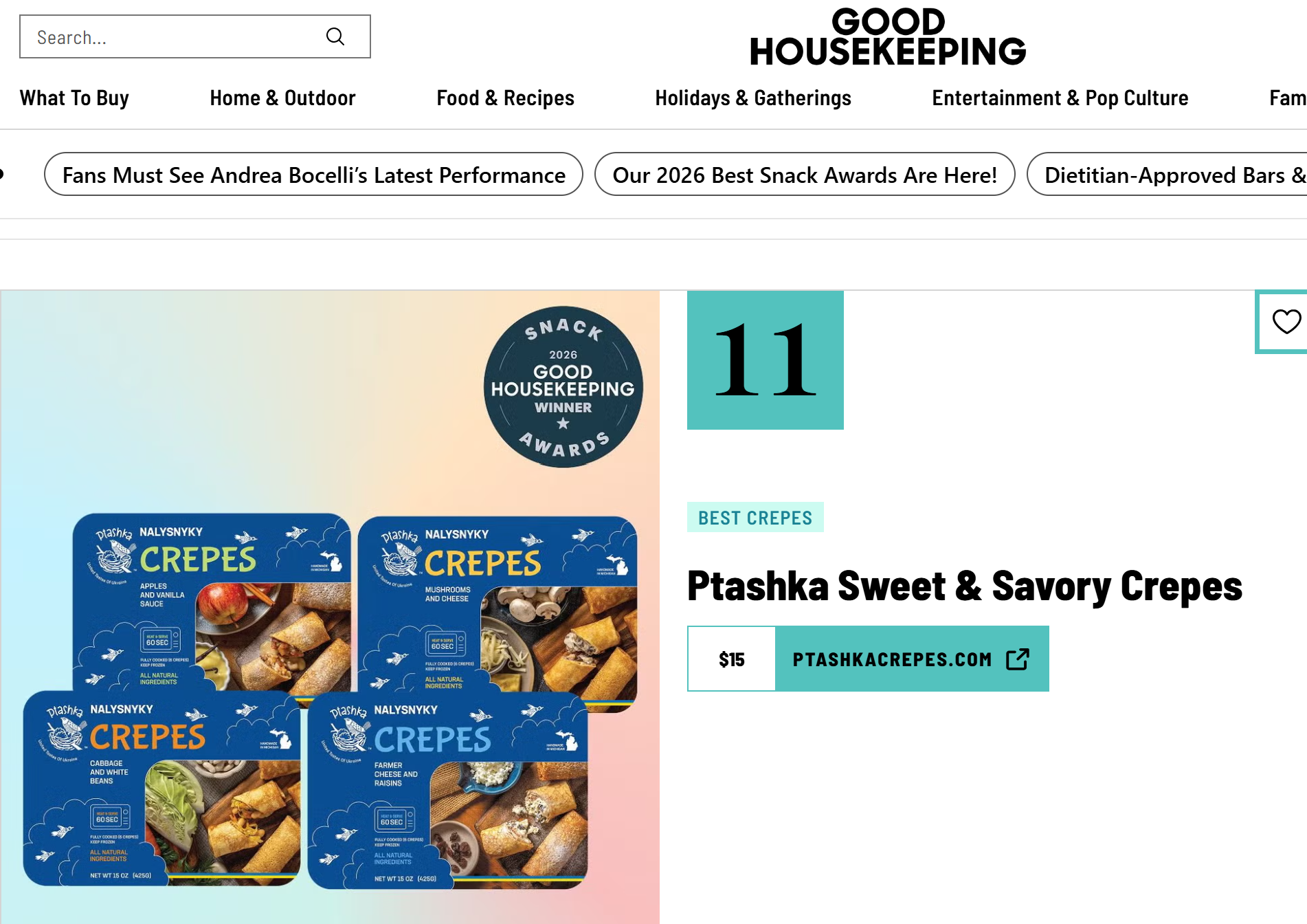 Good Housekeeping 2026 Snack Awards frozen category featuring Ptashka Sweet and Savory Crepes